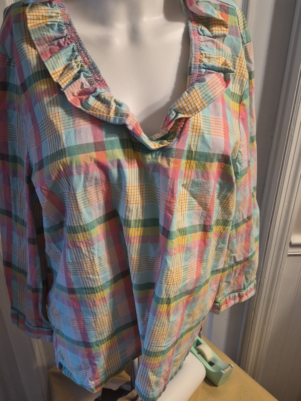 Pastel Plaid Ruffle V-Neck Tunic in Pink, Mint, Yellow, Blue 3/4 Sleeve